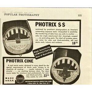 Intercontinental Marketing Group Photrix SS and CINE Exposure Meters" Ad 1941